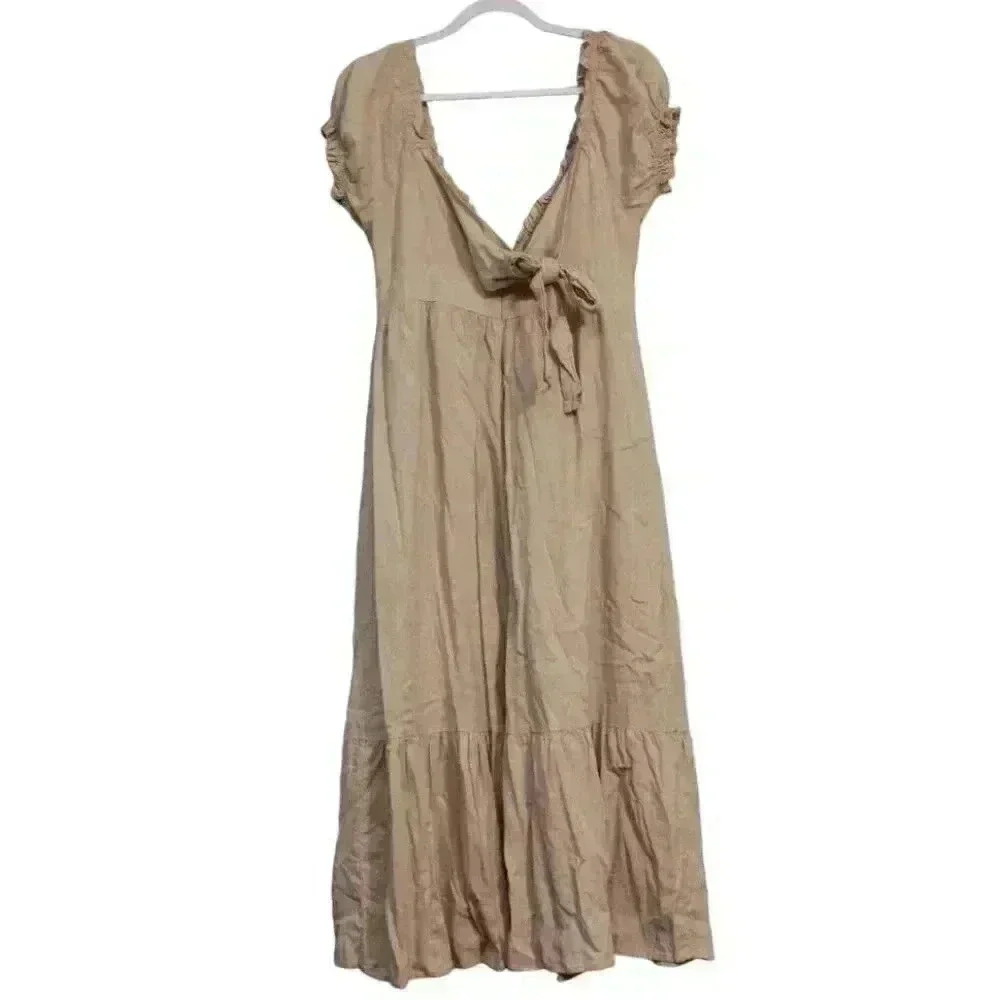 NWOT MABLE Tiered Midi Dress Size Large Beige Linen Cottagecore Minimalist Beach - Picture 9 of 15